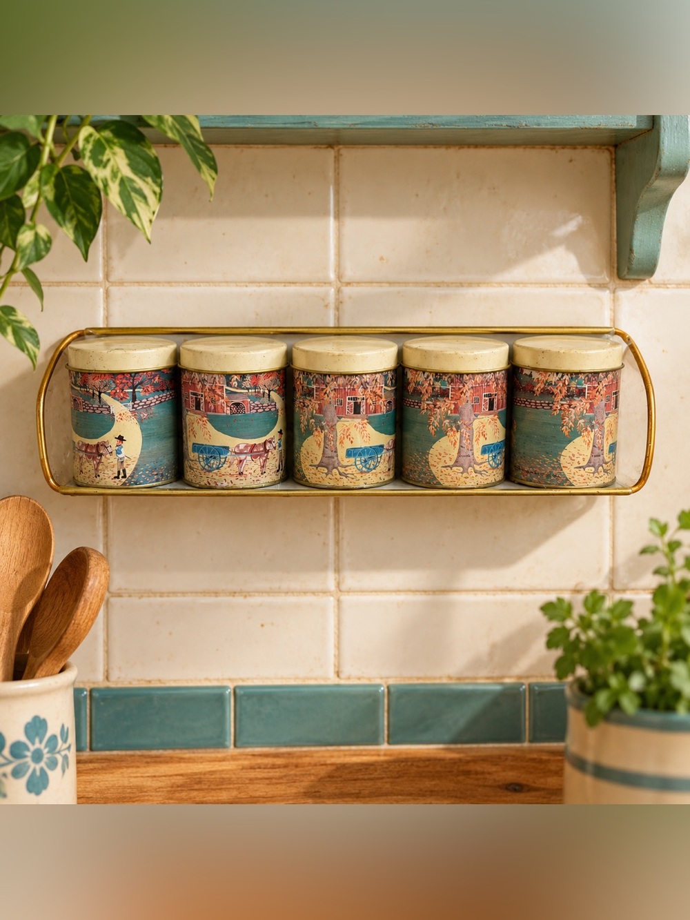 Vintage Country Farm Scene Spice Tins Set of 5 Wall Mount Metal Rack